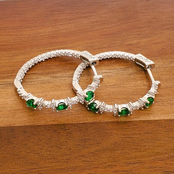 925 Sterling Silver Womens 1ct Diamond 2ct Green Emerald Gemstone Hoop Earrings - Picture 3 of 5
